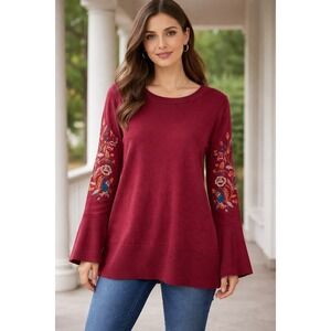 Belle by Kim Gravel Womens Large Burgundy Floral Embroidered Bell Sleeve Sweater